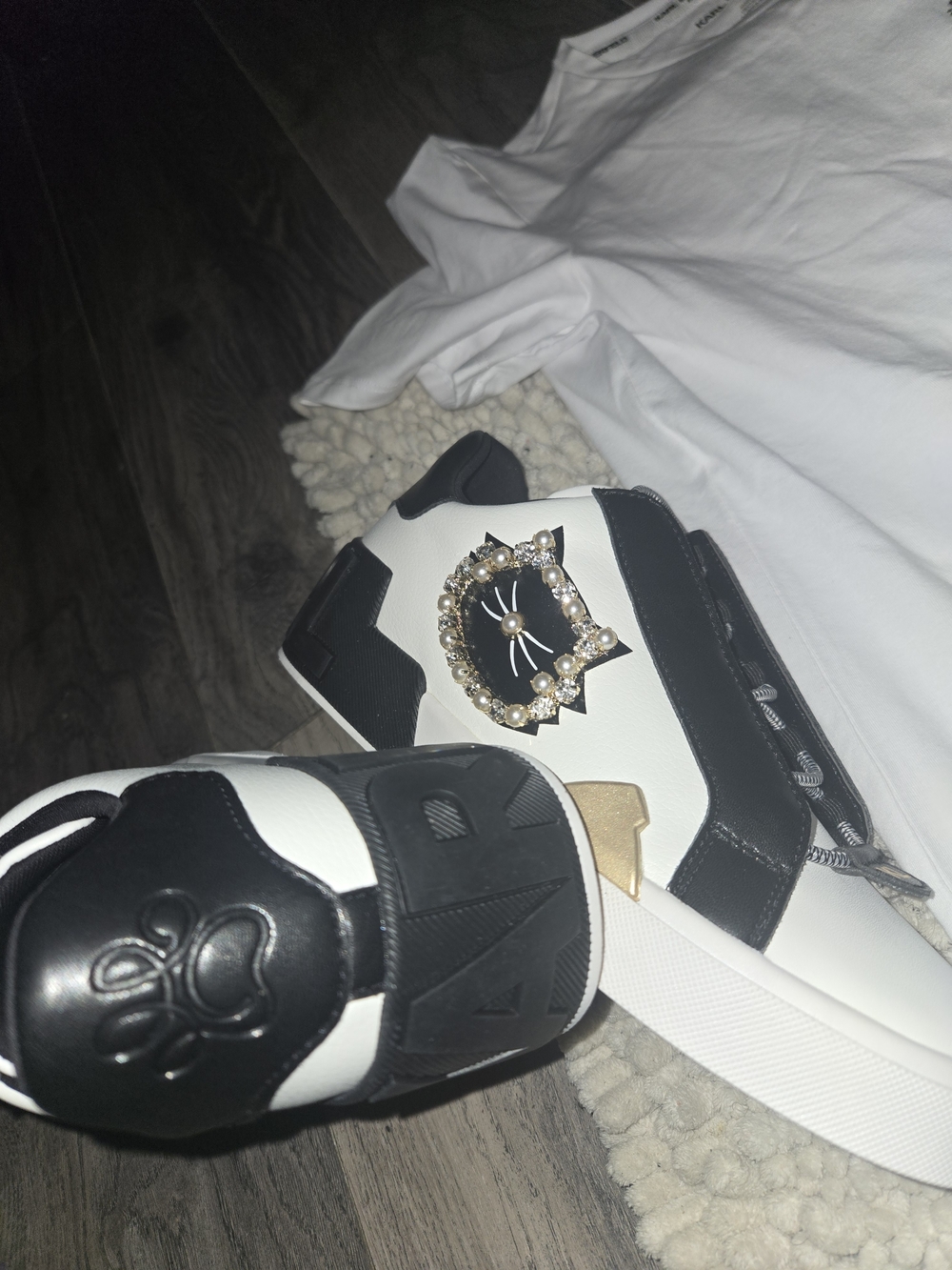Karl Lagerfeld Black & White Embellished Slip-On Sneakers